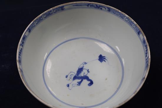 A Chinese blue and white bowl, Yongzheng six character mark and of the period (1723-35), D. 17.5cm, fritting to the rim